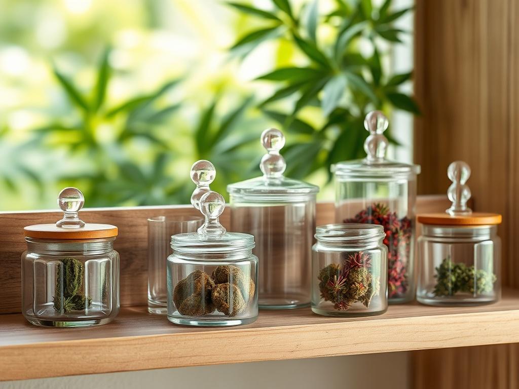 A set of elegant stash jars made from clear glass with beautiful, artistic lids. They are arranged on a simple wooden shelf, with some jars open to display vibrant herbs inside. The background features a soft-focus of greenery, suggesting a connection to nature. The lighting highlights the clarity of the glass and the vibrant colors of the contents. The overall composition is clean and minimalistic, creating a sense of sophistication and tranquility.