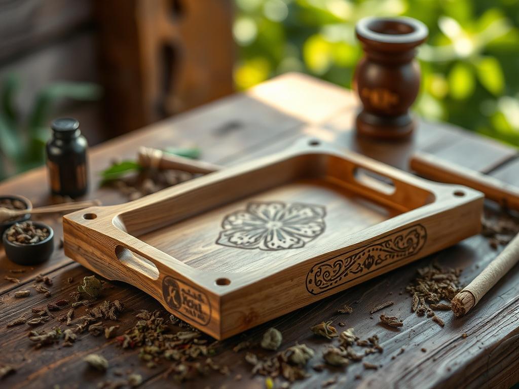 A beautifully crafted herbal rolling tray made from natural wood with intricate designs etched onto the surface. It sits on a rustic wooden table, surrounded by scattered herbs and smoking accessories. The lighting is warm and inviting, highlighting the earthy textures of the wood and the vibrant colors of the herbs. In the background, soft-focus greenery hints at a serene outdoor setting, creating a calming atmosphere.
