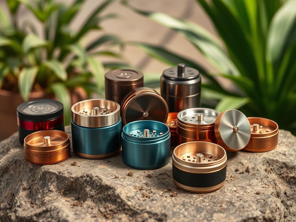 A collection of stylish herb grinders displayed on a textured stone surface. Each grinder features unique colors and designs, showcasing a blend of functionality and aesthetics. The scene is well-lit, with emphasis on the shiny metallic finishes and the smooth surfaces. Small herb particles are scattered around, hinting at their use. Soft, natural light filters in, creating shadows that enhance the visual appeal, while a blurred background of lush plants adds a touch of nature.