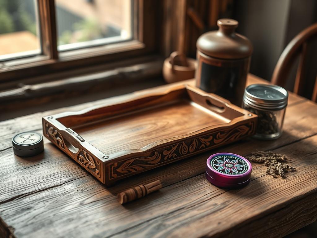 A realistic high-resolution image featuring a beautifully crafted, wooden rolling tray adorned with delicate, intricate carvings. The tray is placed on a rustic wooden table, surrounded by a set of vibrant, body-safe herbal accessories including a sleek grinder and a stylish stash jar. The background features soft, natural lighting filtering through a nearby window, casting gentle shadows and highlighting the earthy textures of the scene. The overall aesthetic is warm and inviting, reflecting the brand's co
