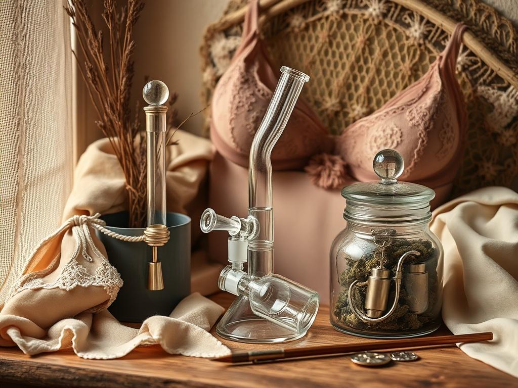 A high-resolution image showcasing a premium bubbler and a sophisticated stash jar, beautifully arranged with luxurious lingerie and a high-quality wand. The setting should evoke elegance, with natural light illuminating the products against a backdrop of earthy textures and warm tones.