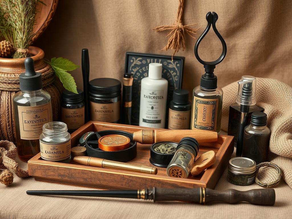 A high-resolution image featuring a collection of high-quality herbal accessories, including a stylish rolling tray, durable grinder, and unique stash jar, alongside tasteful erotica essentials like lubricants and a luxurious wand. The setting should be warm and inviting, with earthy textures and natural tones in the background.