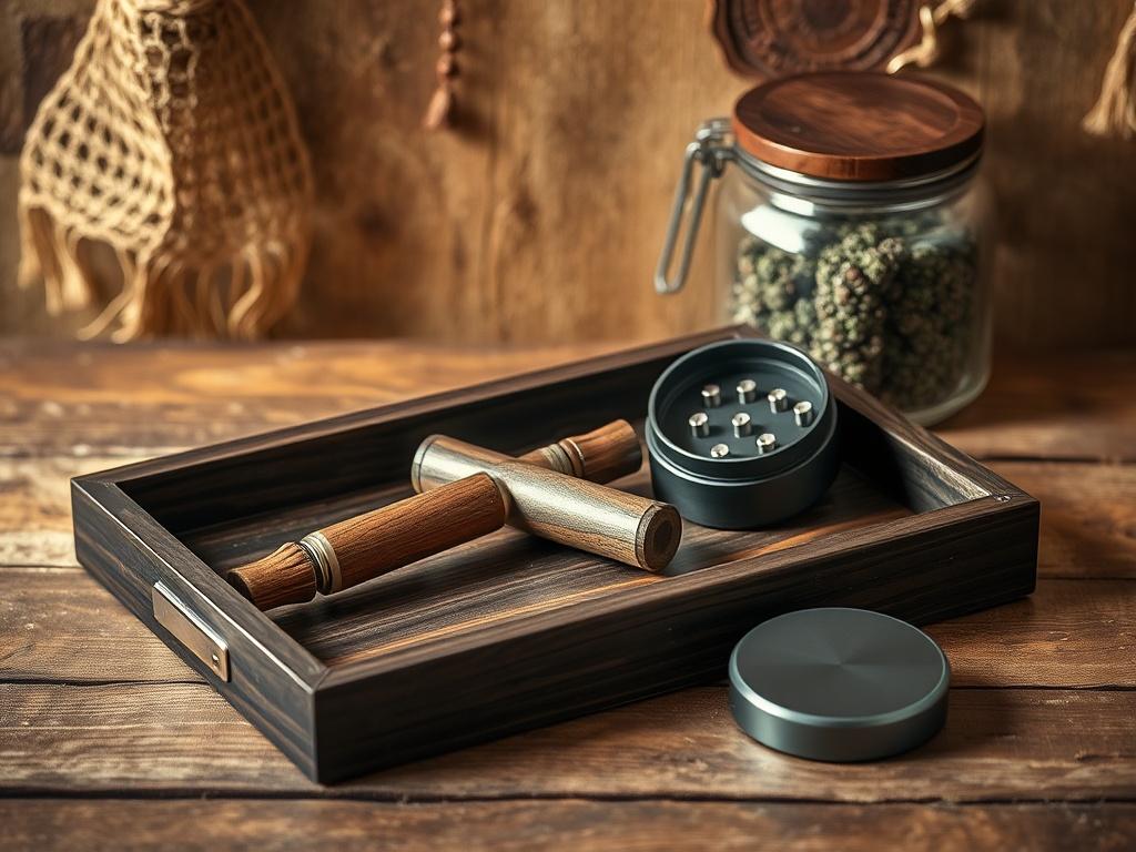 A high-resolution image of a stylish rolling tray, a durable grinder, and a stash jar, arranged elegantly on a rustic wooden surface. The background should have earthy textures and natural tones, showcasing a cozy atmosphere. The lighting should be warm and inviting, highlighting the quality of the products.