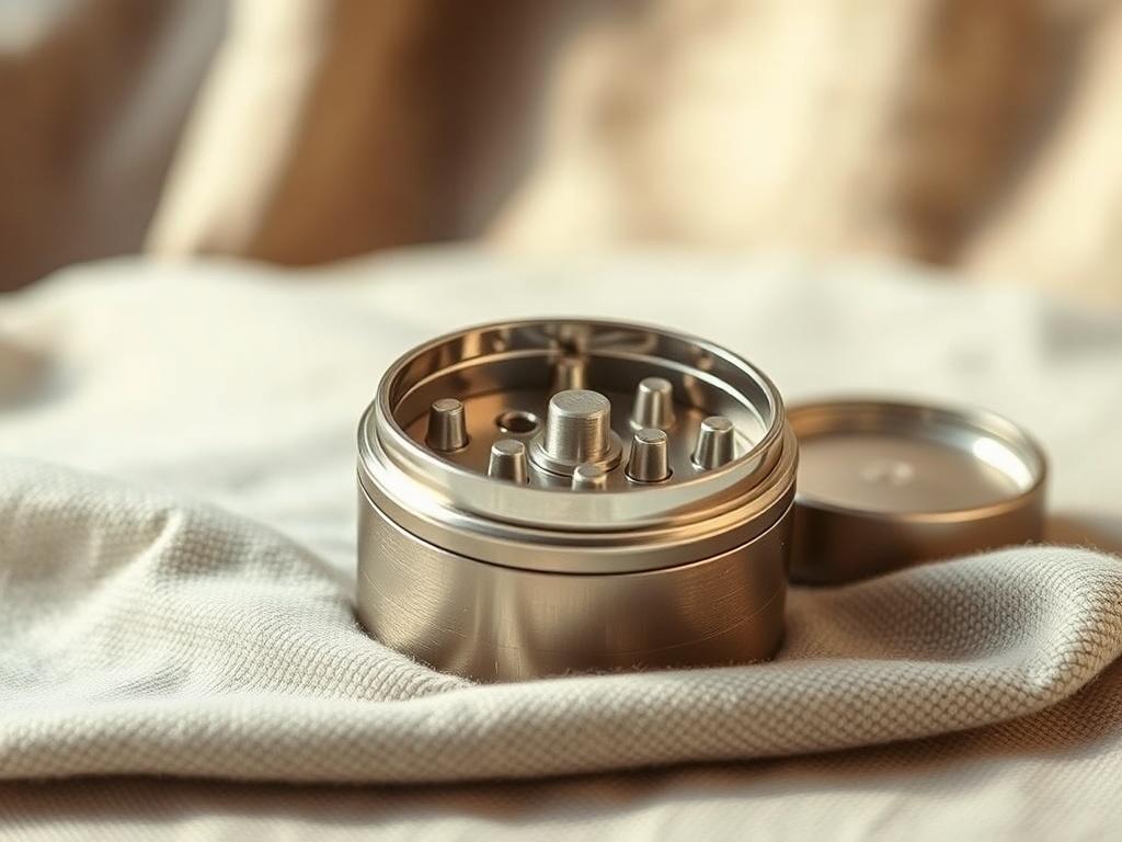 A high-quality herb grinder displayed on a soft fabric surface, capturing its metallic sheen and detailed design. The image should focus on the grinder's sharp teeth and smooth edges, with natural light reflecting off its surface. The background should be neutral to emphasize the grinder.