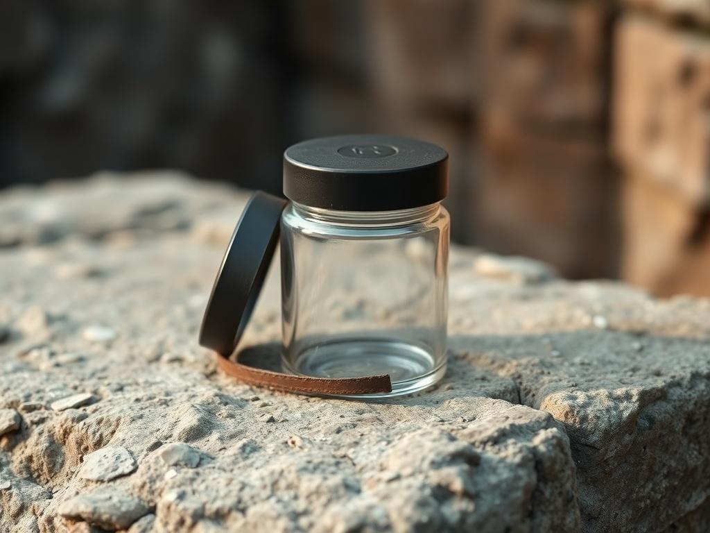 A chic stash jar placed on a textured stone surface, showcasing its sleek design and airtight lid. The jar should be partially open, revealing a hint of the contents inside. The background should be softly blurred, highlighting the jar's elegant shape and color.