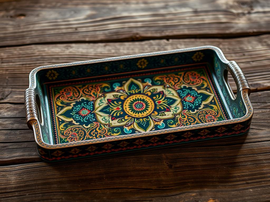 A beautifully designed rolling tray featuring intricate patterns, set against a rustic wooden surface. The tray should be the focal point, showcasing vibrant colors and unique artwork. The background should be softly blurred to highlight the tray's details, with natural lighting enhancing the earthy textures.