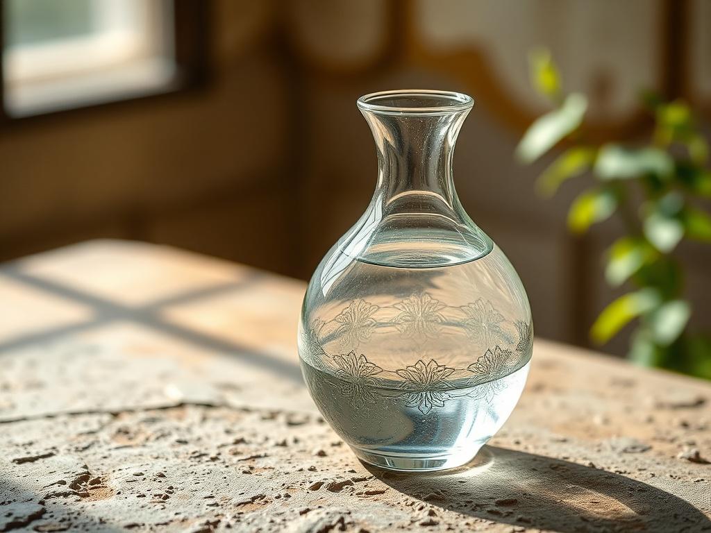A beautifully designed glass bubbler with intricate patterns, filled with