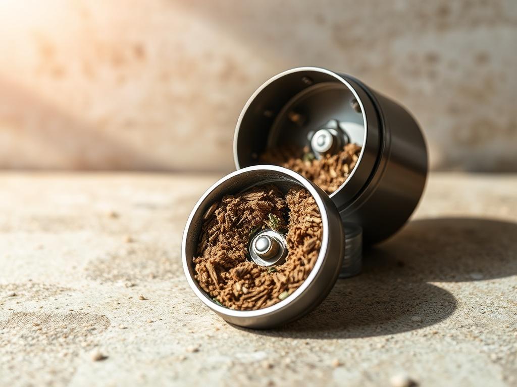 A high quality metal herb grinder, opened to show the