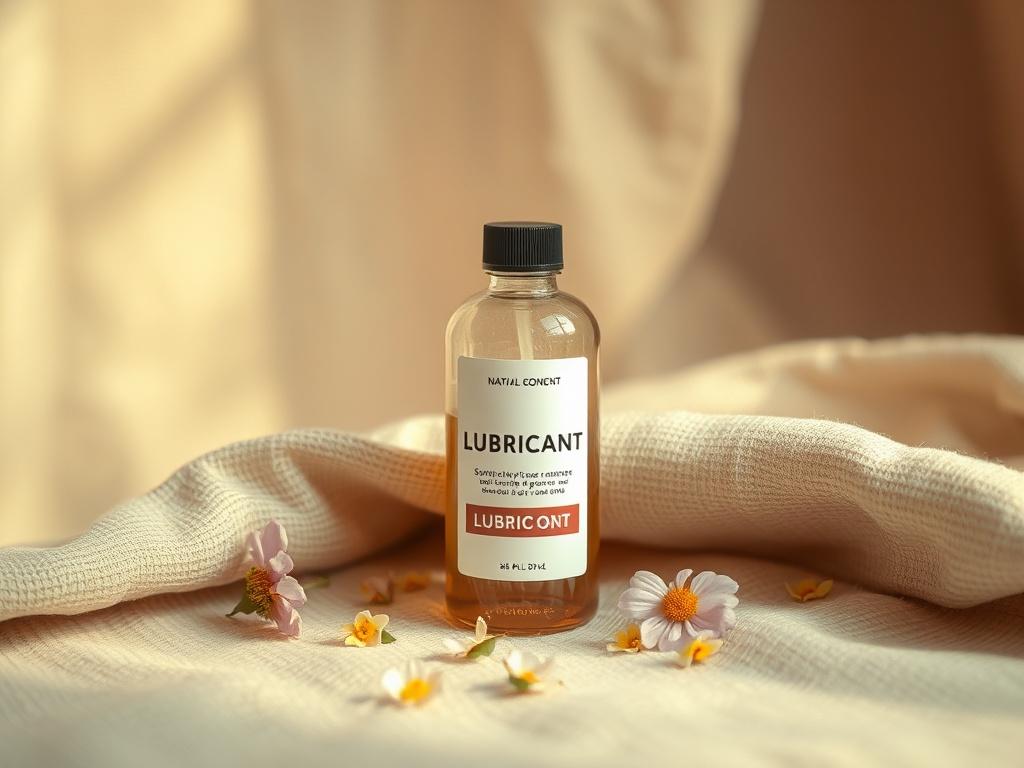 A stylish bottle of lubricant on a soft, textured fabric,