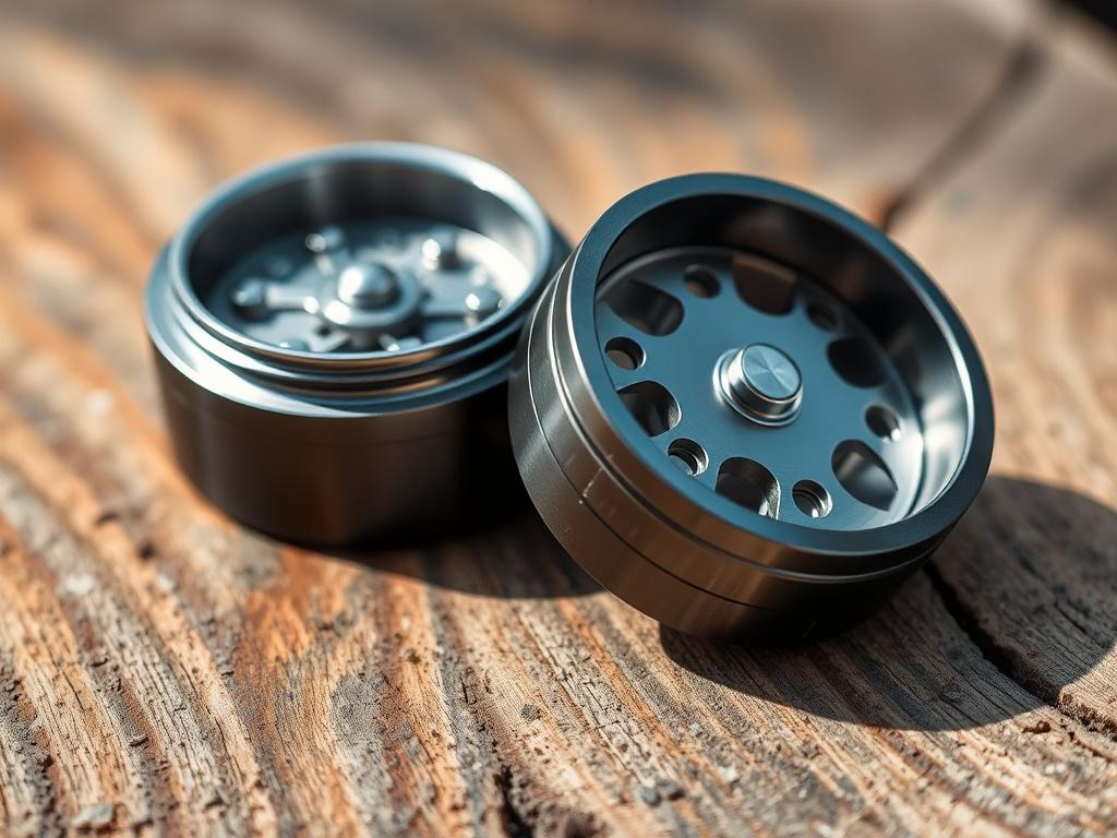 A realistic high resolution of a sleek herb grinder, showcasing