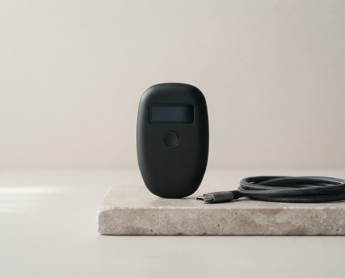 A compact hardware wallet and its USB cable, ready to set up