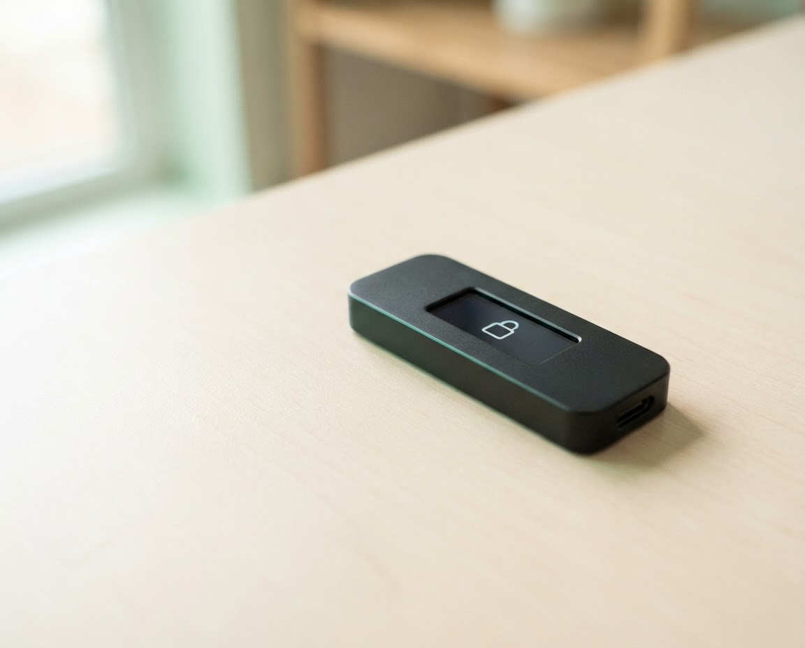 A compact hardware wallet resting on a softly lit surface