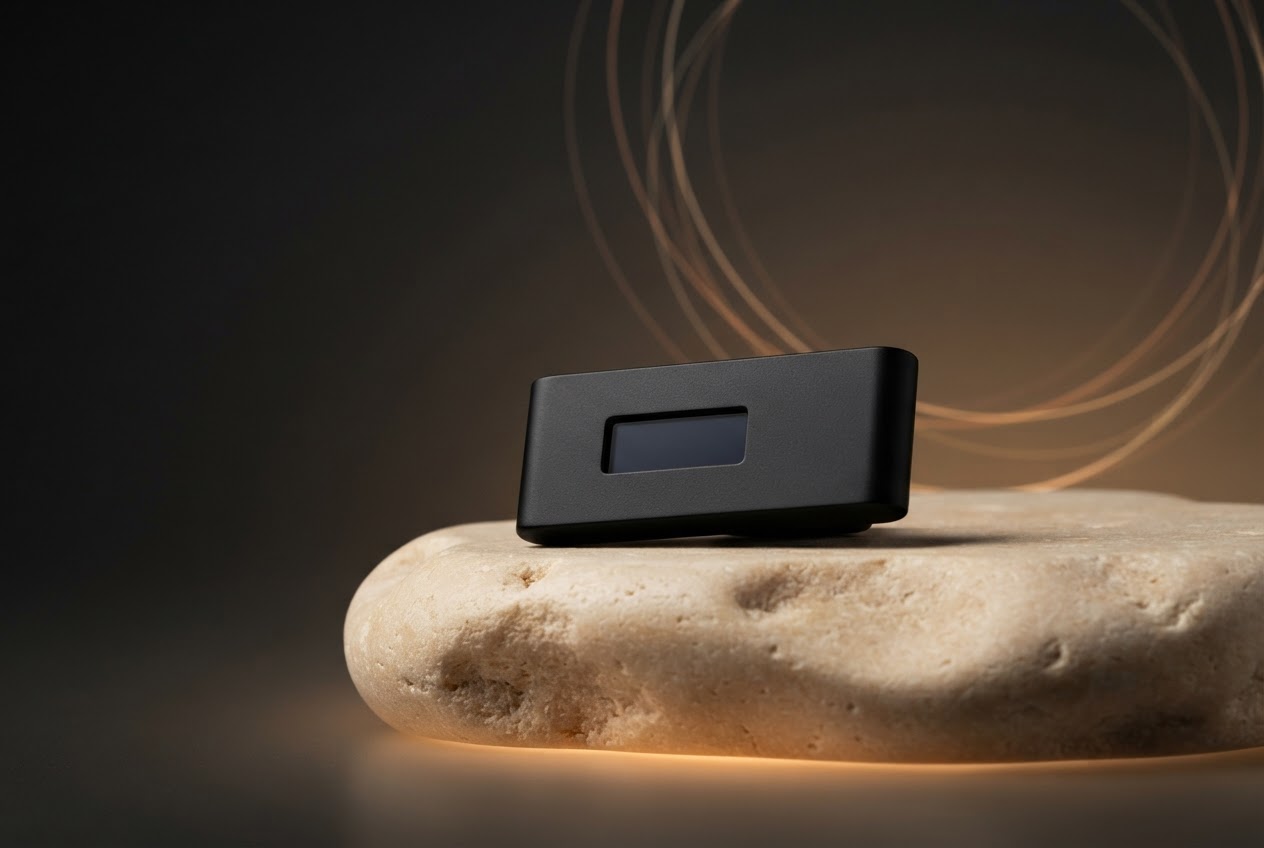 A hardware wallet device in a warm, considered studio setting