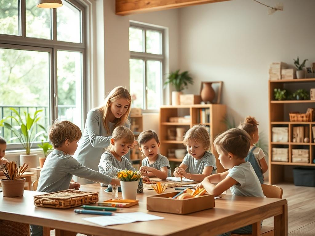 A serene classroom environment in natural tones, showcasing a bright