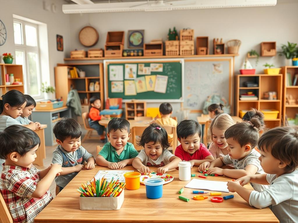 A vibrant classroom filled with children participating in different age