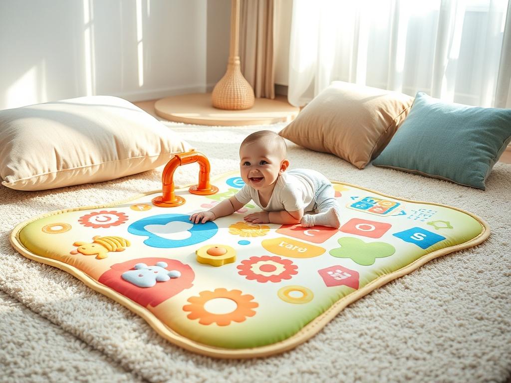 A colorful interactive baby play mat spread out on a