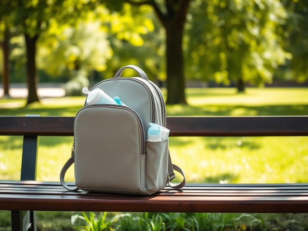 A modern diaper backpack displayed on a park bench, with