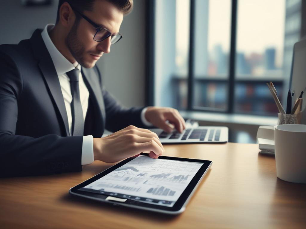 A hyper realistic close up shot featuring an investor analyzing