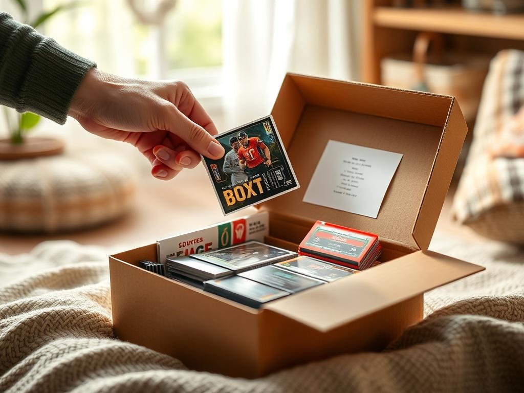 An engaging image of a person unboxing a subscription box filled with sports cards. The box is open, revealing a colorful assortment of cards neatly packaged inside. The person's hands are delicately lifting a card, showcasing its design. The background should include a cozy setting with natural light, creating a warm atmosphere that invites viewers to join the unboxing experience. This image highlights the thrill of receiving curated sports card collections.