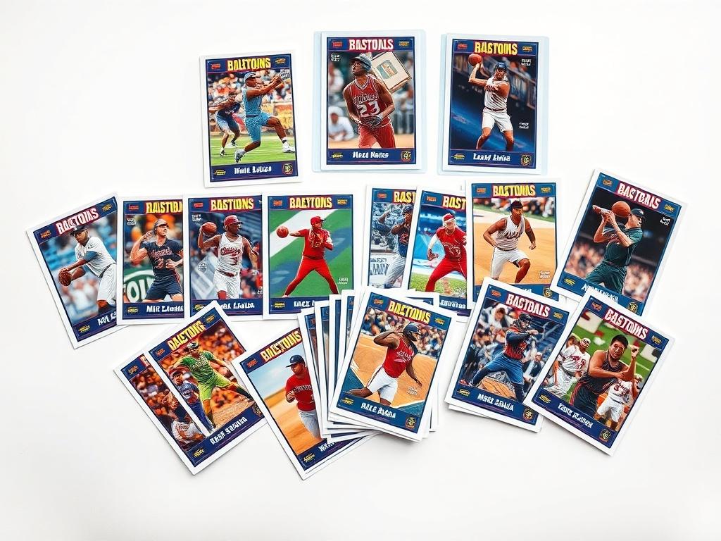 A neatly arranged collection of sports cards displayed on a clean, white surface. The cards should showcase various sports including baseball, basketball, and football, with vivid colors and clear images of popular players. The background should be minimalistic to emphasize the cards. The lighting should be bright and even, highlighting the vibrant colors and details of each card. This composition aims to attract sports card enthusiasts and collectors.