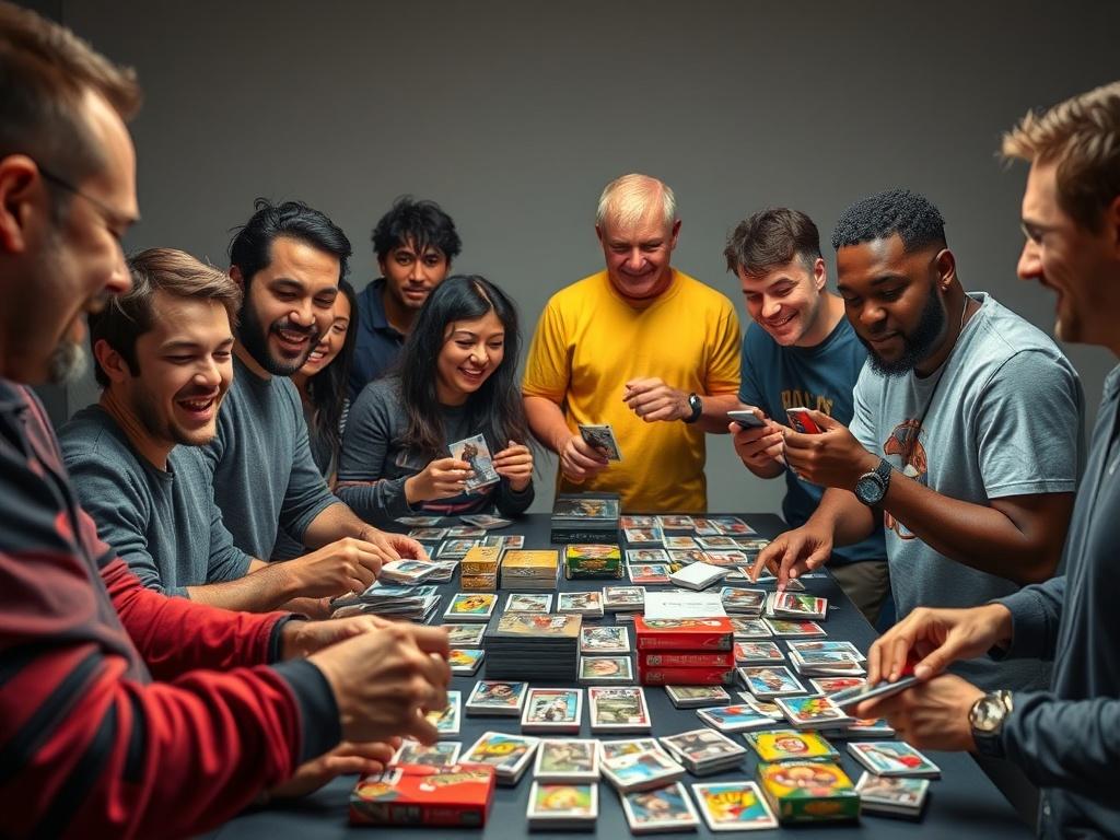 A high-resolution image of a live sports card break event, featuring a diverse group of enthusiastic collectors gathered around a table filled with sports cards. The scene is vibrant and engaging, showcasing the joy and excitement of the participants as they open packs. The background is minimalistic, focusing on the cards and the participants' expressions.