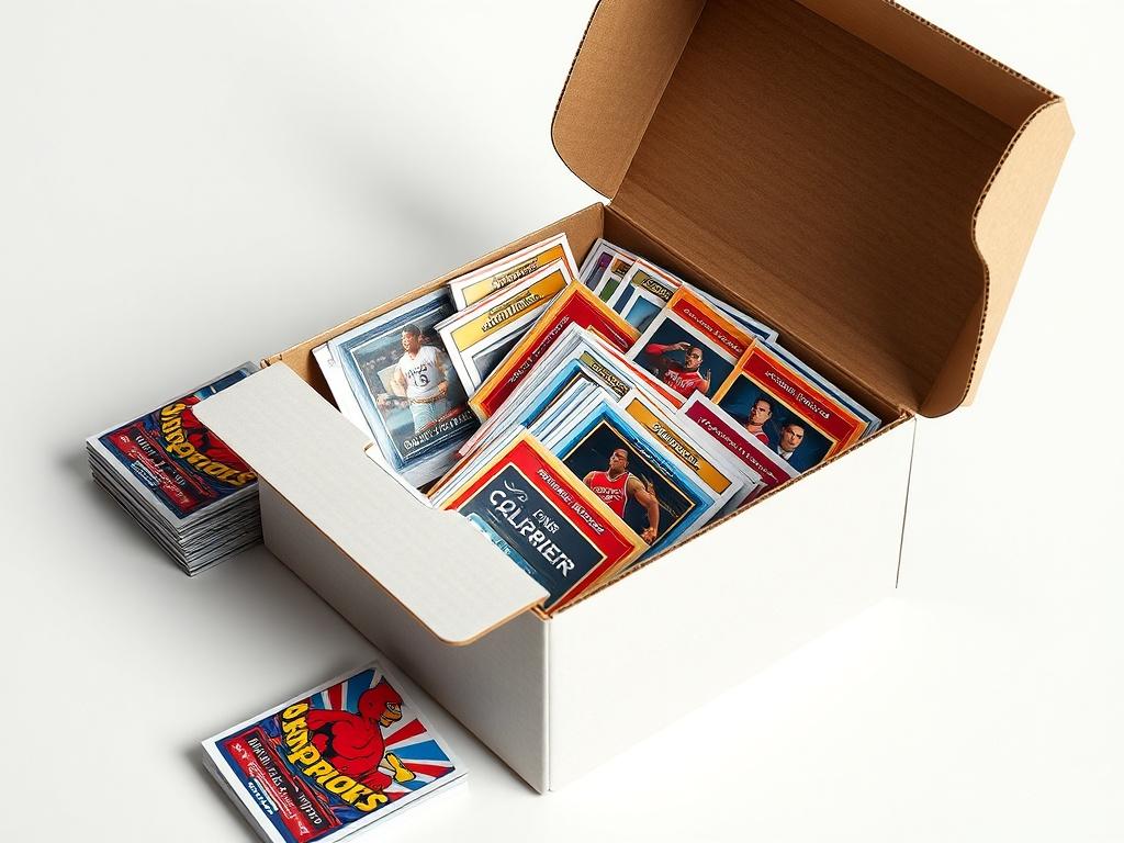 A high-resolution image of an open subscription box filled with an assortment of colorful sports cards, with some cards partially displayed. The box is set on a clean surface, and there are additional unopened packs nearby, creating an inviting and exciting atmosphere.