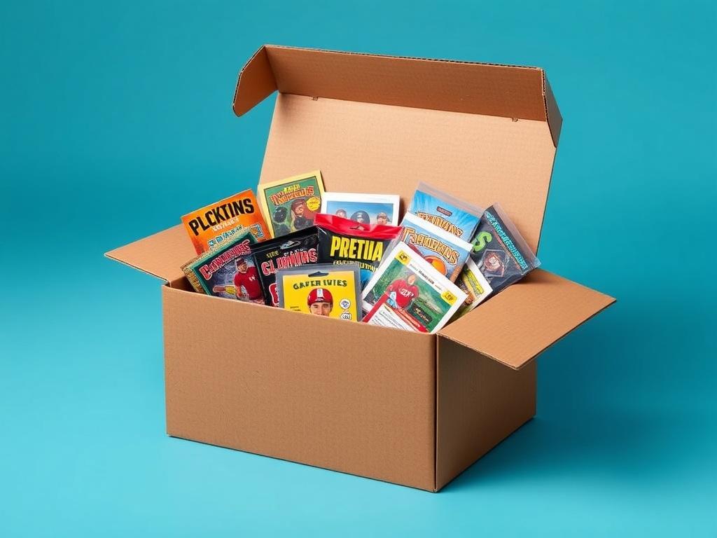A high-resolution image of an open subscription box filled with a variety of sports card packs and memorabilia. The background is simple, focusing on the colorful cards and the excitement of unboxing.