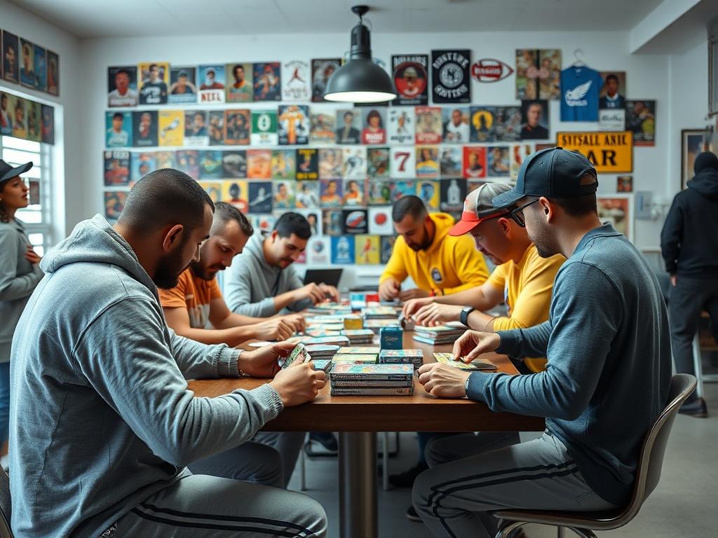 A high-resolution image of a live sports card break event, featuring a lively group of collectors gathered around a table, opening card packs. The setting is bright and energetic, showcasing colorful card packs and an array of sports memorabilia in the background.