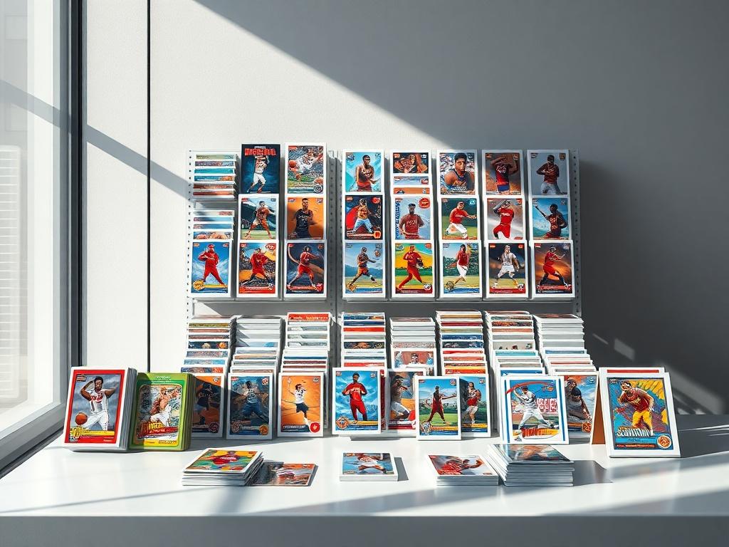 A photorealistic image of a well organized sports card collection