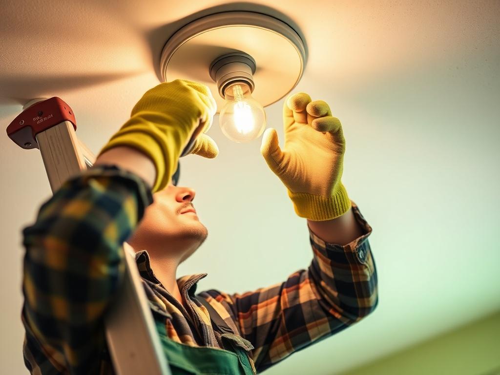 A close-up shot of a handyman replacing a lightbulb in a ceiling fixture. The handyman is using a ladder, wearing safety gloves, and focused on the task. The background is softly blurred to emphasize the action, with warm light illuminating the scene. The color scheme incorporates a vibrant green, reflecting the brand's primary color.