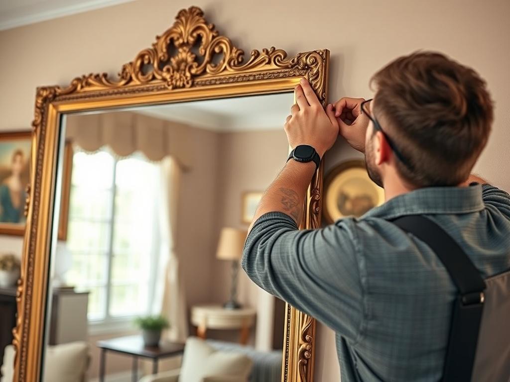 A close-up shot of a skilled handyman carefully hanging a large, ornate mirror on a wall. The background features a well-decorated living room with tasteful artwork and elegant furniture. The focus is on the handyman's hands, showcasing precision and attention to detail, with warm lighting that highlights the mirror and decor. The overall composition is simple and clear, emphasizing the craftsmanship involved in the picture and mirror hanging process.