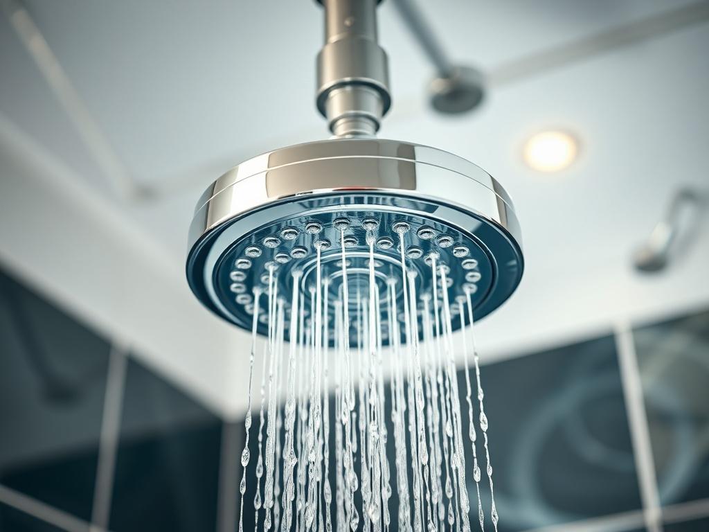 A close-up shot of a shiny, modern shower head being installed in a stylish bathroom. The background is softly blurred to emphasize the sleek design of the shower head. The image captures the details of the fixture's chrome finish, water flow, and the surrounding elegant tiles, creating an inviting and luxurious atmosphere. The composition is simple and clear, focusing solely on the shower head.