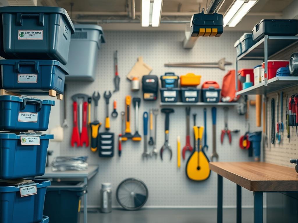 A hyper-realistic close-up shot of a neatly organized garage, featuring labeled storage bins, wall-mounted tools, and a clean workbench. The background should showcase a well-arranged space with bright lighting, emphasizing order and functionality. The image should be vivid and inviting, captured with a 45mm f/1.2 lens to highlight the details of the organized items.
