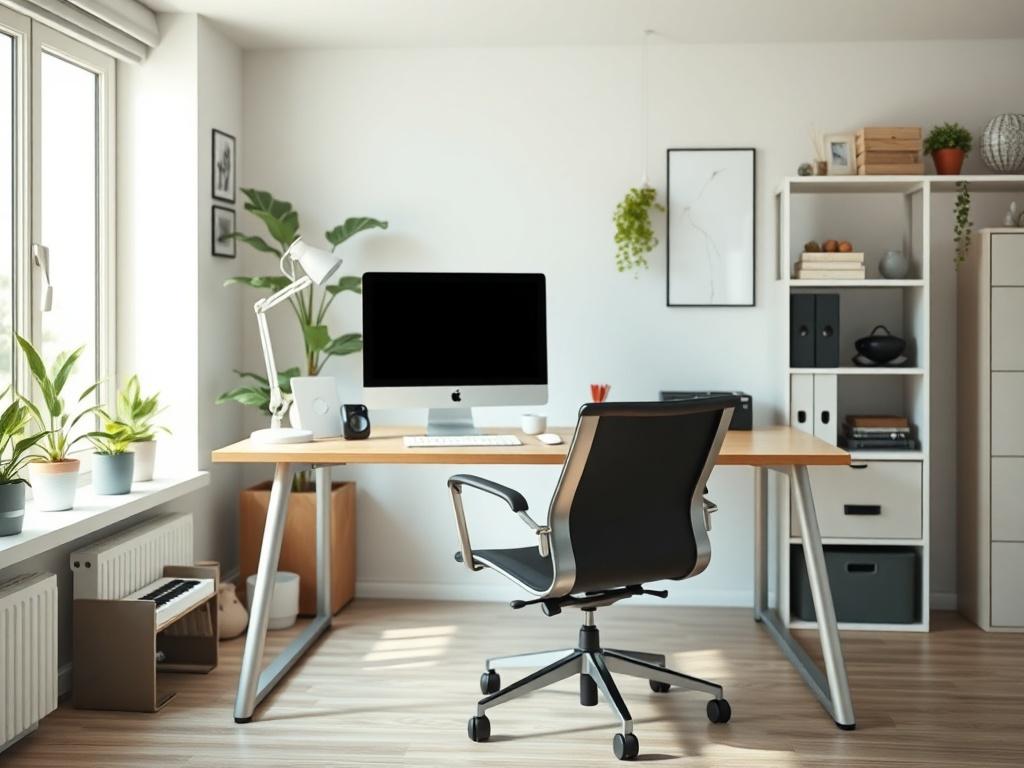 A well-organized home office setup featuring a sleek desk with a computer, ergonomic chair, and neatly arranged office supplies. The background shows a bright, airy room with natural light streaming in through a window, plants on the windowsill, and a clean, minimalist design. The color scheme includes subtle greens and whites, emphasizing a fresh and productive atmosphere. The image should be a close-up shot, shot with a 45mm f/1.2 lens style.