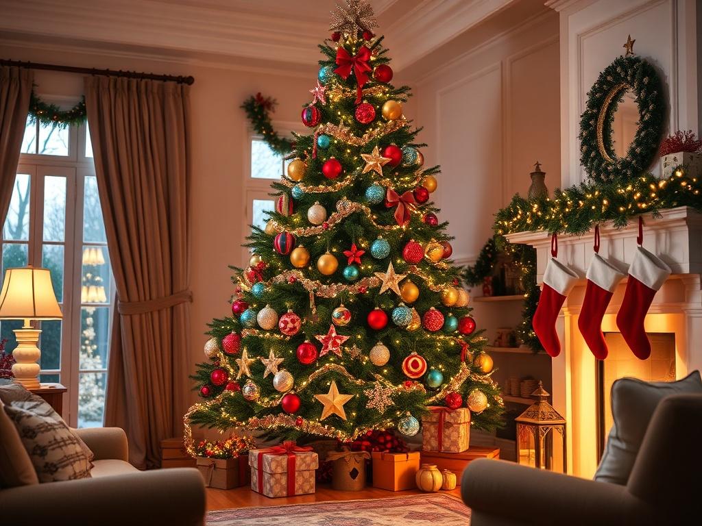 A beautifully decorated living room for the holidays, featuring a large Christmas tree adorned with colorful ornaments and twinkling lights. The room has garlands draped over the mantelpiece, stockings hanging by the fireplace, and a cozy atmosphere created by warm lighting. The composition focuses on the tree as the centerpiece, with tasteful decorations surrounding it, conveying a festive and welcoming vibe.