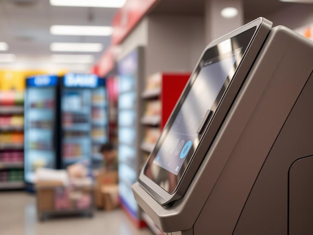 A hyper-realistic close-up shot of a sleek self-cashier system in a retail environment. The machine should display a user-friendly interface with a vibrant screen. The background should be softly blurred to highlight the technology, maintaining a color palette that includes the primary color #1C6220.