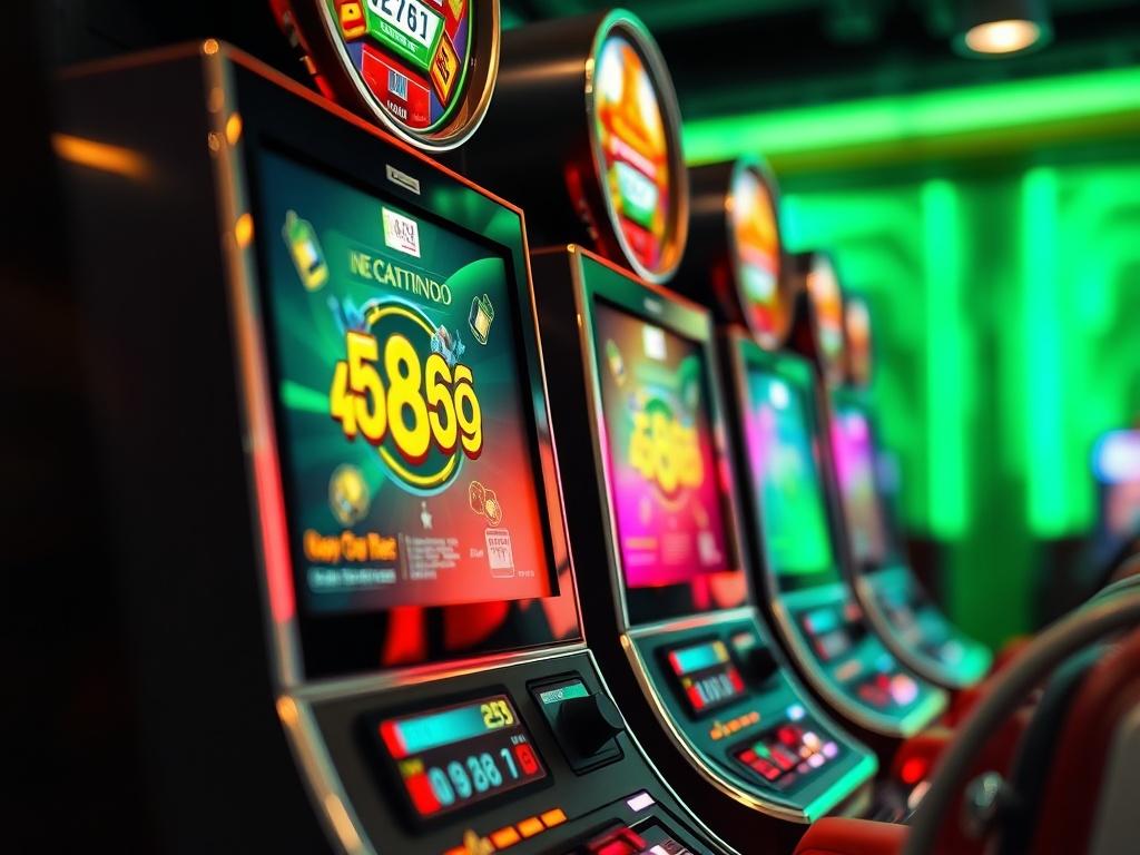 A hyper-realistic close-up shot of a modern gambling machine, showcasing its vibrant screen and detailed design. The background should be subtly blurred to emphasize the machine, with a rich green color scheme to harmonize with the primary color #1C6220.
