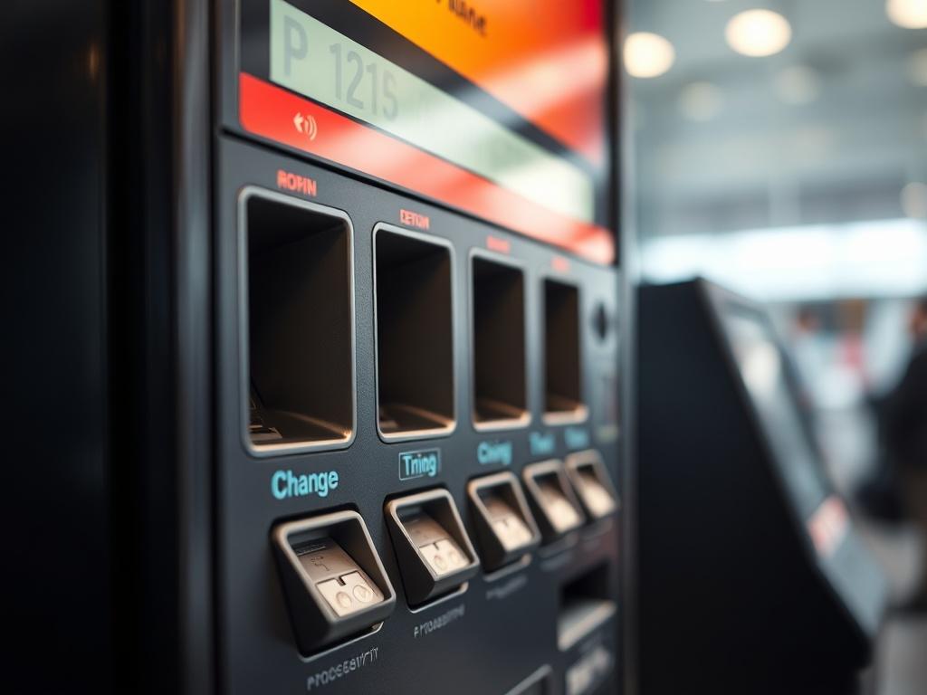 A hyper-realistic close-up shot of a modern change machine, displaying its coin dispensing mechanism and sleek design. The background should be slightly blurred to draw attention to the machine, incorporating elements that harmonize with the primary color #1C6220.