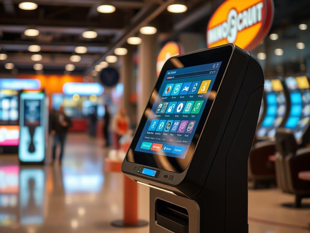 A close-up, hyper-realistic shot of a self-service kiosk displaying a user-friendly interface in a modern retail or gaming environment. The background should be softly blurred to emphasize the kiosk's sleek design and functionality.