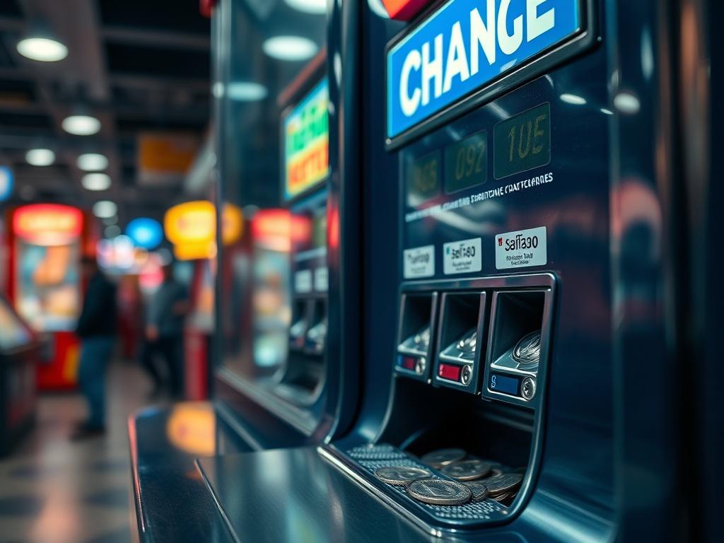 A hyper-realistic close-up shot of a change machine, showcasing its slot and coin dispensing area, set in a busy arcade or vending area. The image should capture the machine's functionality while emphasizing its robust design.