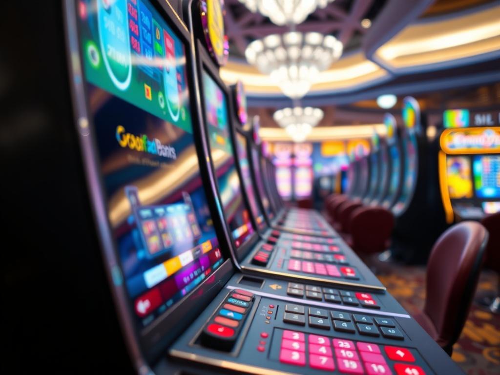 A hyper-realistic close-up shot of a modern gambling machine showcasing vibrant graphics and an engaging interface, set against a soft-focus casino environment. The image should highlight the product's features, such as buttons and screens, while creating an inviting atmosphere.