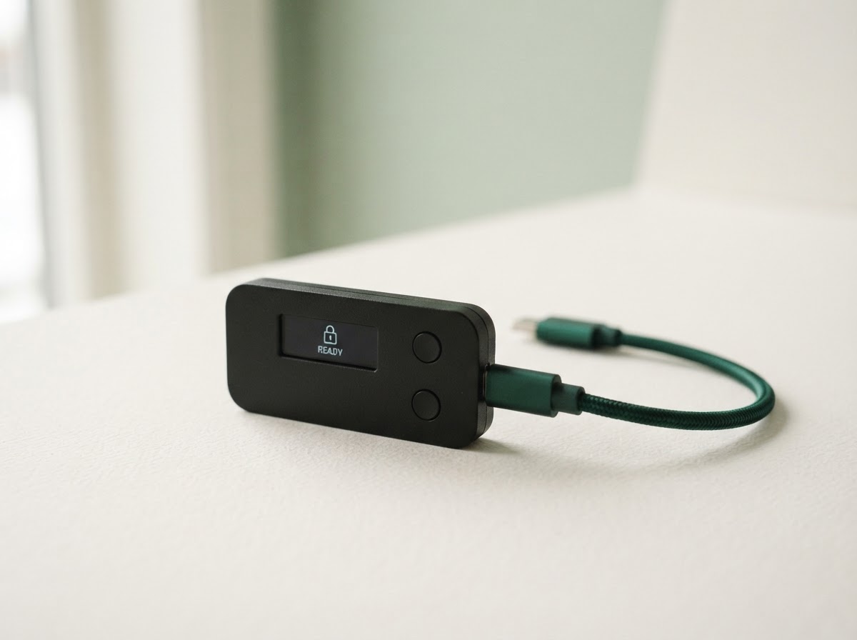 A hardware wallet and USB cable on a bright, calm workspace