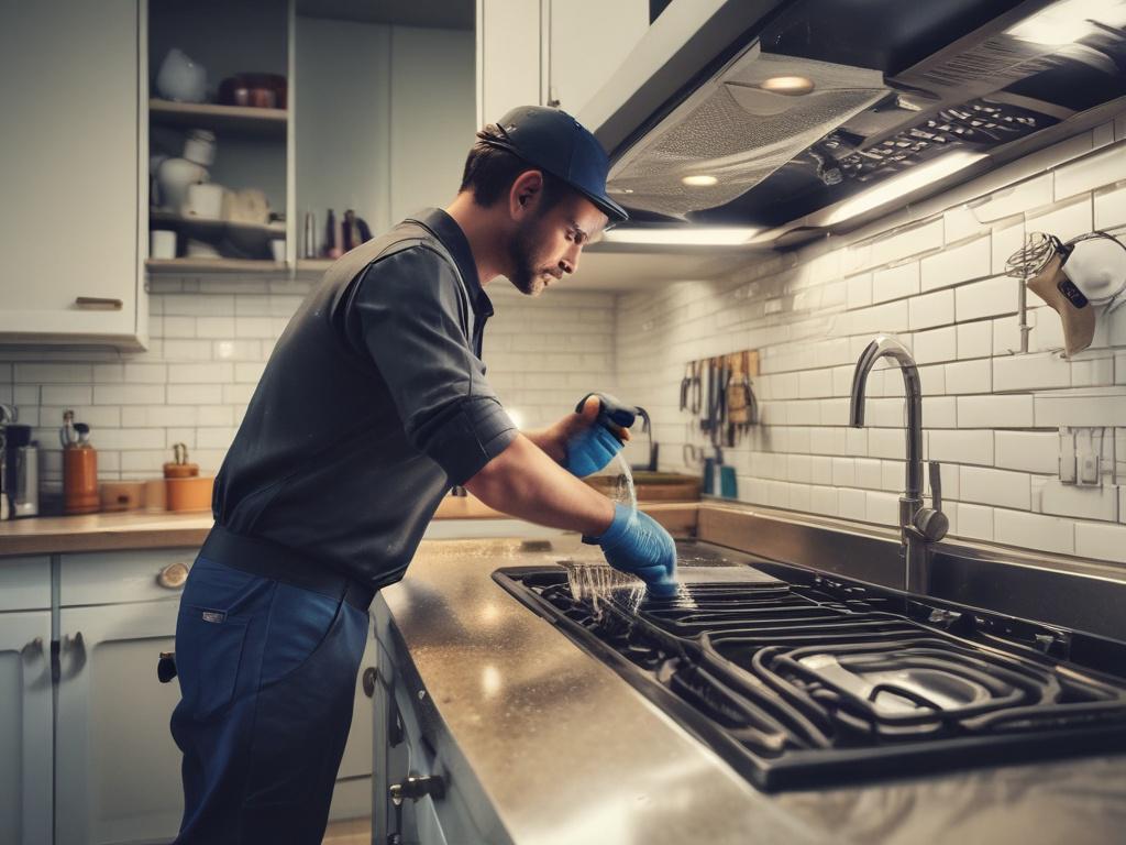 A close-up shot of a professional power washer cleaning a kitchen hood. The technician is wearing safety gear and focused on the task, showcasing the powerful spray and grime being removed. The background is blurred to emphasize the action, with hints of kitchen equipment visible. The image is rendered in hyper-realistic style, using a 45mm f/1.2 lens effect to create depth and clarity.
