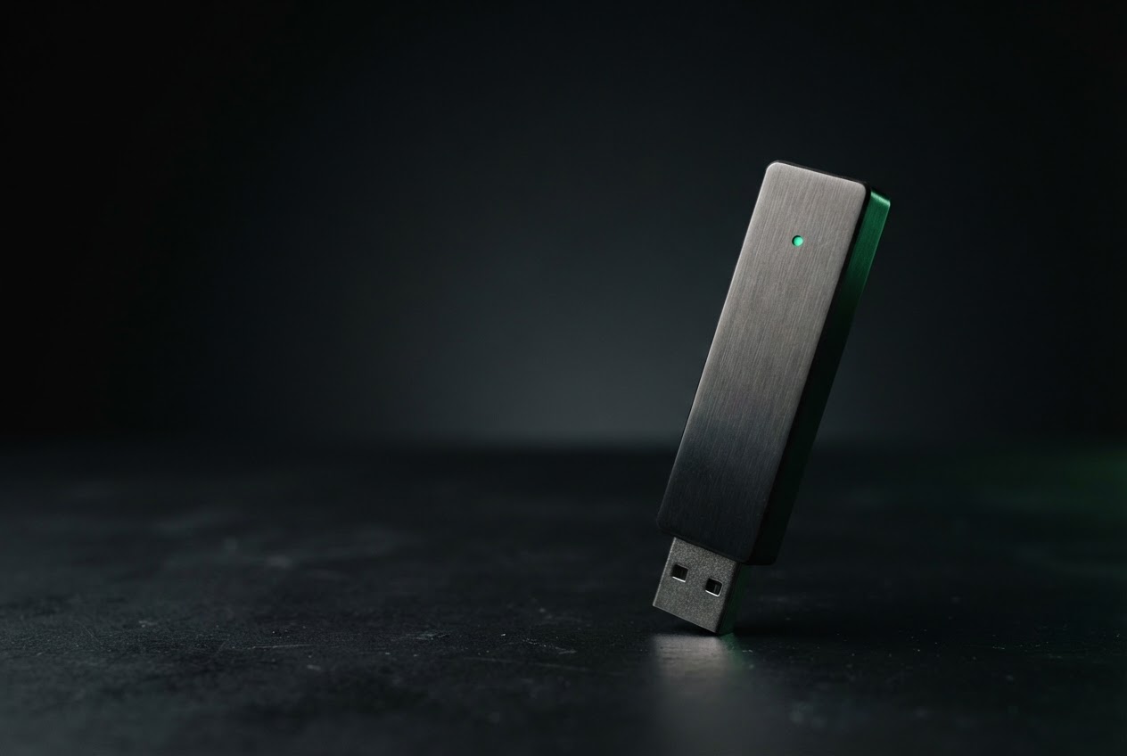 A dark graphite hardware wallet device lit against a black studio background