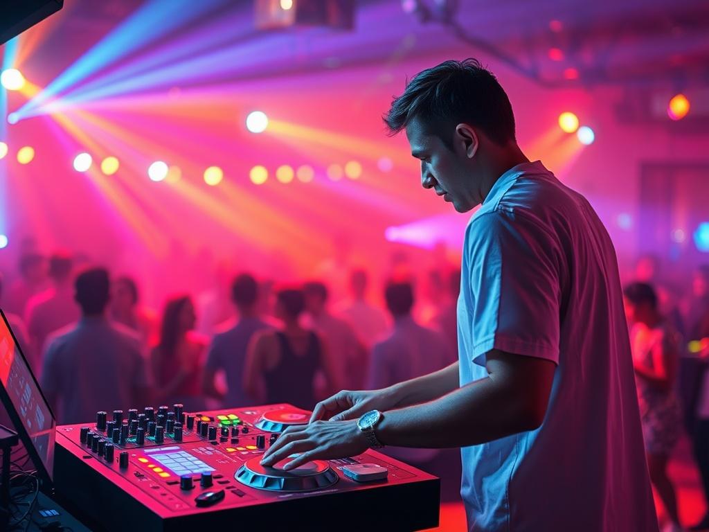 A striking of a DJ in action at a vibrant