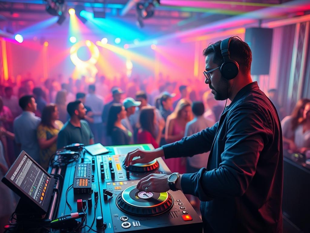 A professional DJ operating turntables at a vibrant event, with