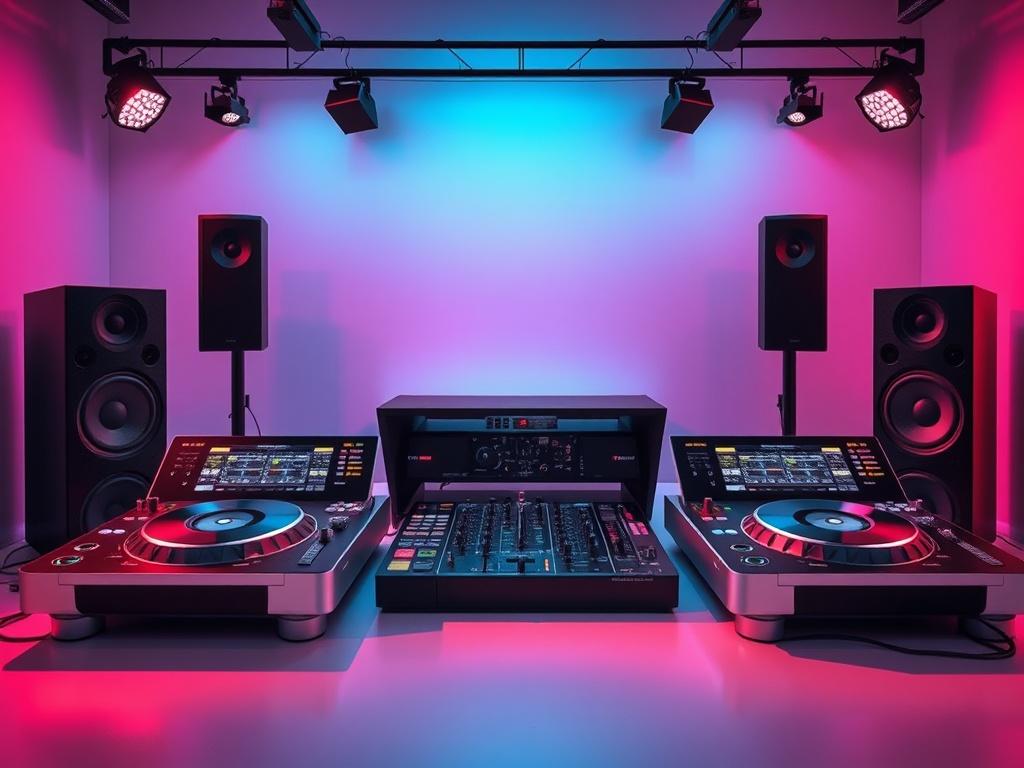 A sleek setup of professional DJ equipment including turntables, speakers,