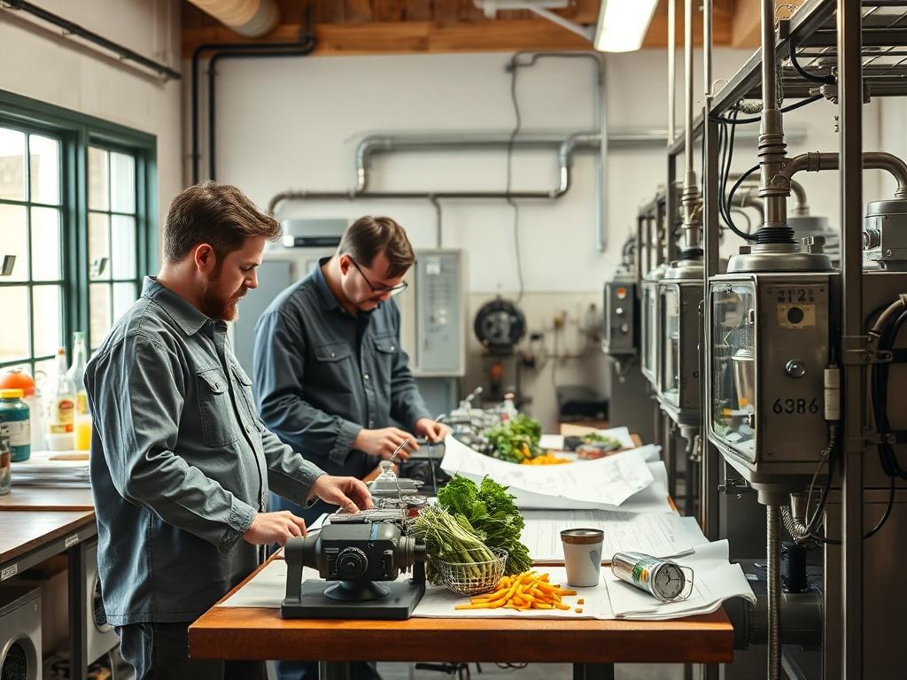 An engaging of engineers and food scientists working on prototype