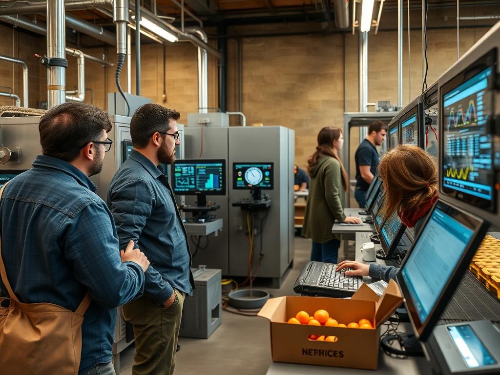 A team monitoring food processing equipment during pilot testing in