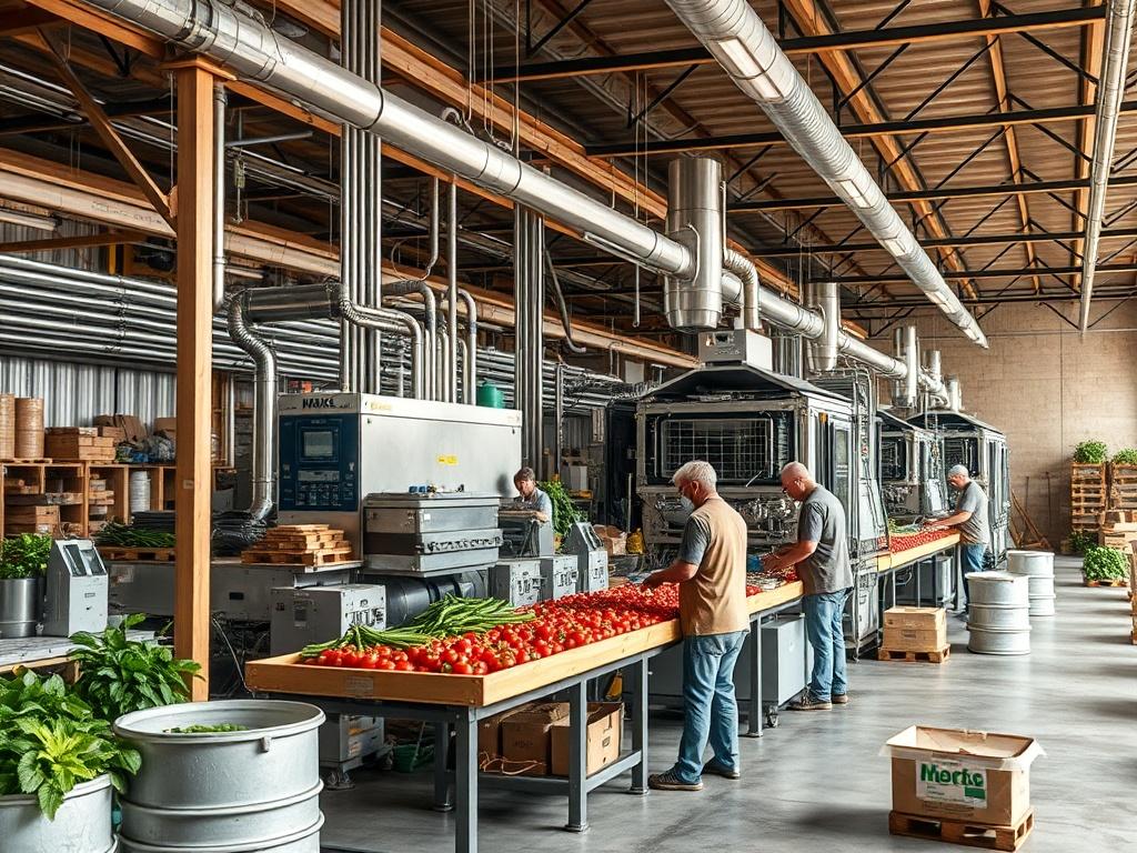 A production line with workers assembling the eco friendly food
